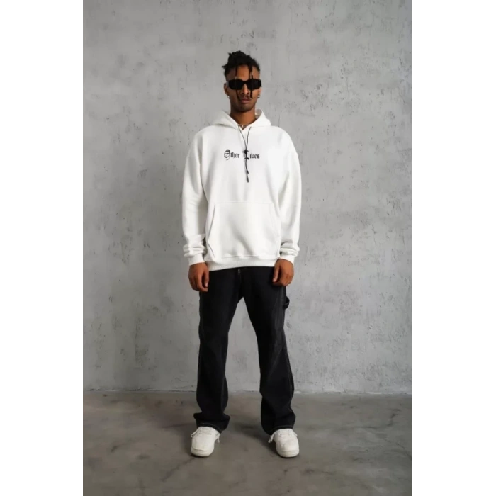 Biçomi Erkek Sırt Baskılı Oversize Üç İplik Kapüşonlu Sweatshirt - Beyaz