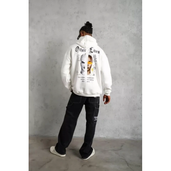 Biçomi Erkek Sırt Baskılı Oversize Üç İplik Kapüşonlu Sweatshirt - Beyaz