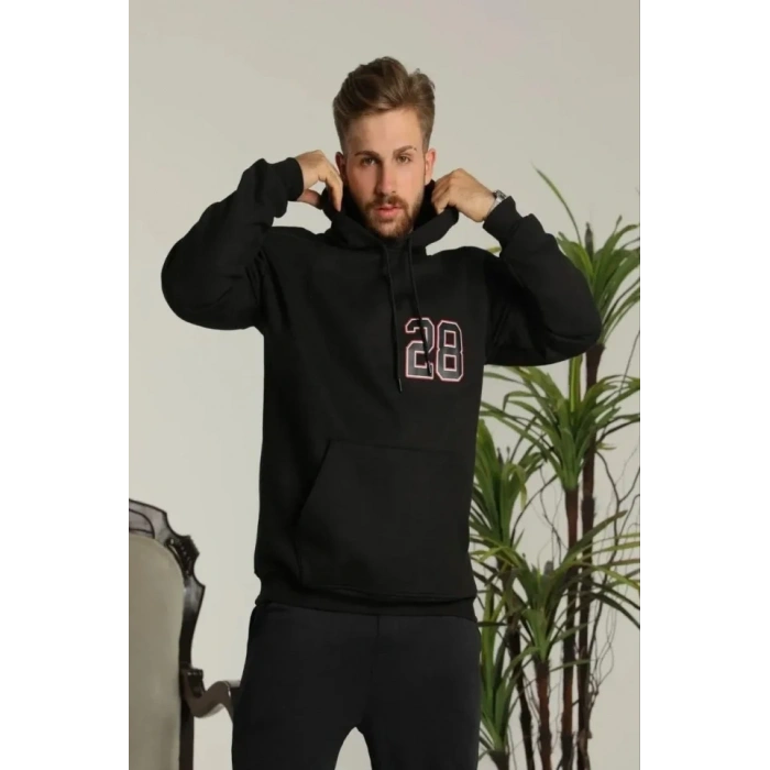Biçomi Erkek Sırt Baskılı Oversize Üç İplik Kapüşonlu Sweatshirt - Siyah