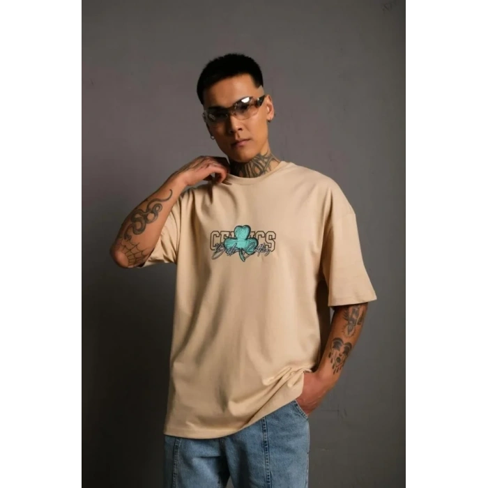 Biçomi Erkek Sırt Baskılı T-shirt - Bej