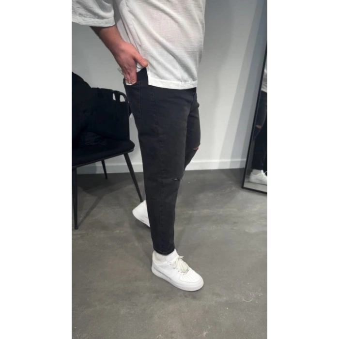 Biçomi Erkek Siyah Dizi Yırtık Boyfriend Jean