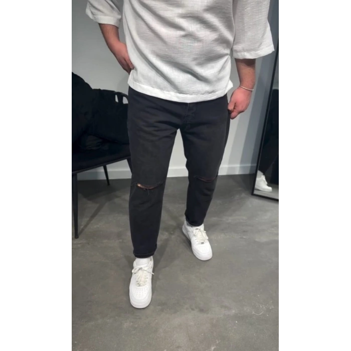 Biçomi Erkek Siyah Dizi Yırtık Boyfriend Jean