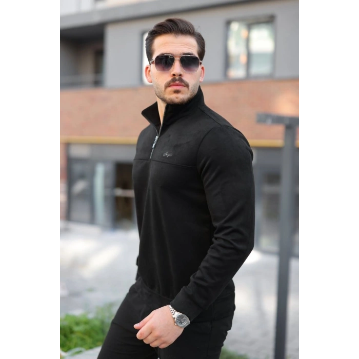 Biçomi Erkek Süet Yarım Fermuar Dik Yaka Sweat