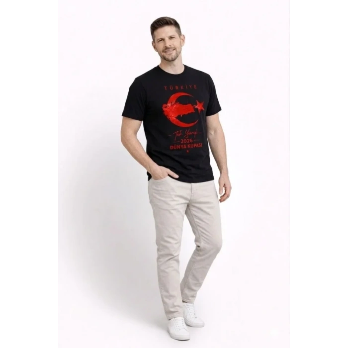 Biçomi Erkek TÜRKİYE Ay Yıldız Baskılı Taraftar Forma T-Shirt - Siyah