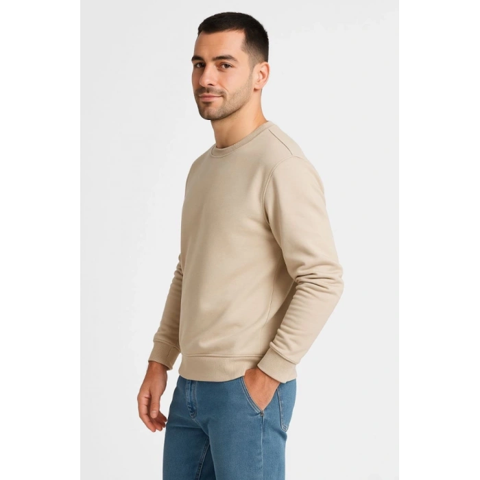 Biçomi Erkek Üç İplik Düz Bisiklet Yaka SweatShirt - Bej