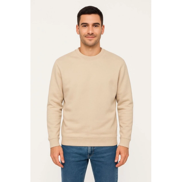 Biçomi Erkek Üç İplik Düz Bisiklet Yaka SweatShirt - Bej