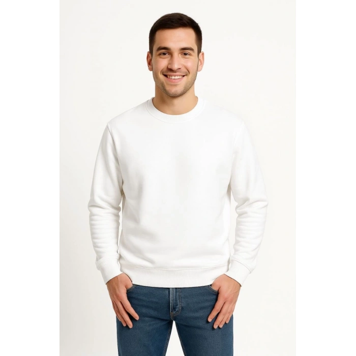 Biçomi Erkek Üç İplik Düz Bisiklet Yaka SweatShirt - Beyaz