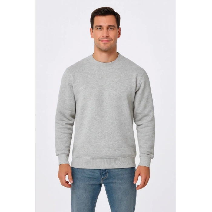 Biçomi Erkek Üç İplik Düz Bisiklet Yaka SweatShirt - Gri