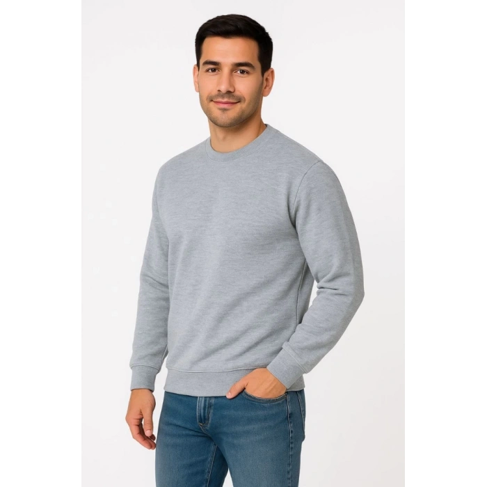 Biçomi Erkek Üç İplik Düz Bisiklet Yaka SweatShirt - Gri