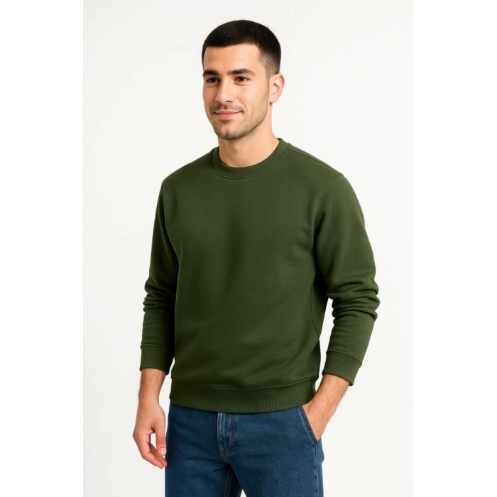 Biçomi Erkek Üç İplik Düz Bisiklet Yaka SweatShirt - Haki