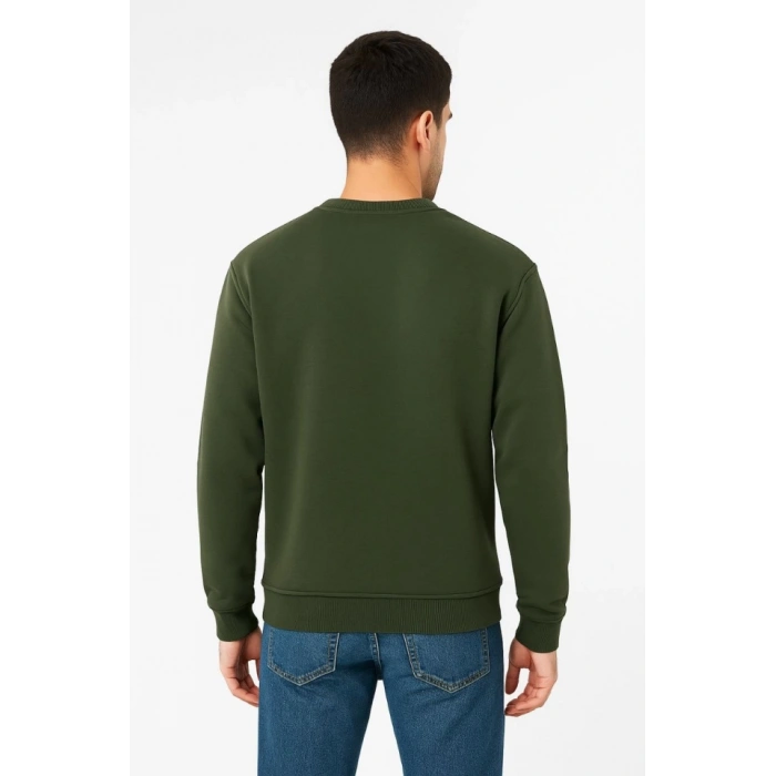 Biçomi Erkek Üç İplik Düz Bisiklet Yaka SweatShirt - Haki