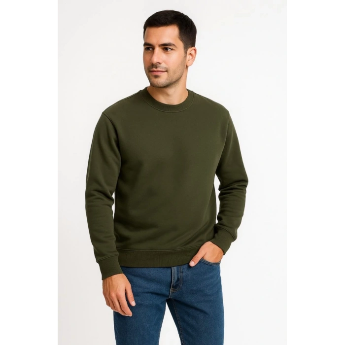 Biçomi Erkek Üç İplik Düz Bisiklet Yaka SweatShirt - Haki