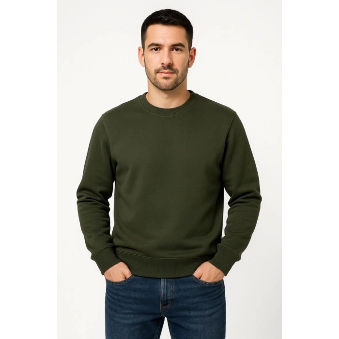 Biçomi Erkek Üç İplik Düz Bisiklet Yaka SweatShirt - Haki