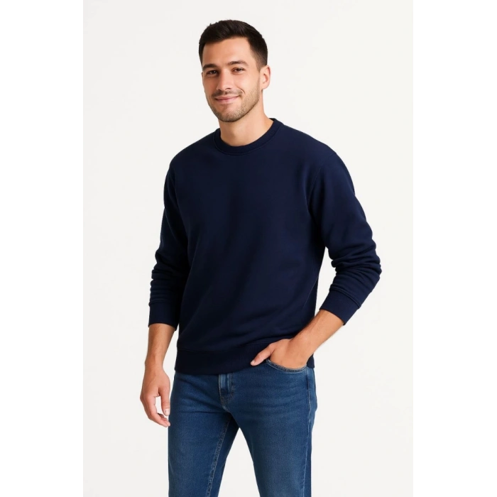 Biçomi Erkek Üç İplik Düz Bisiklet Yaka SweatShirt - Lacivert