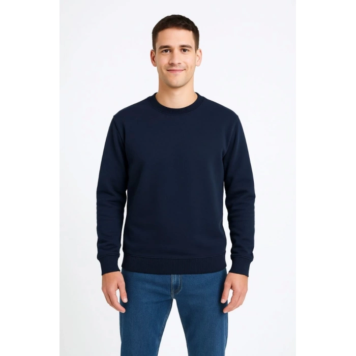 Biçomi Erkek Üç İplik Düz Bisiklet Yaka SweatShirt - Lacivert