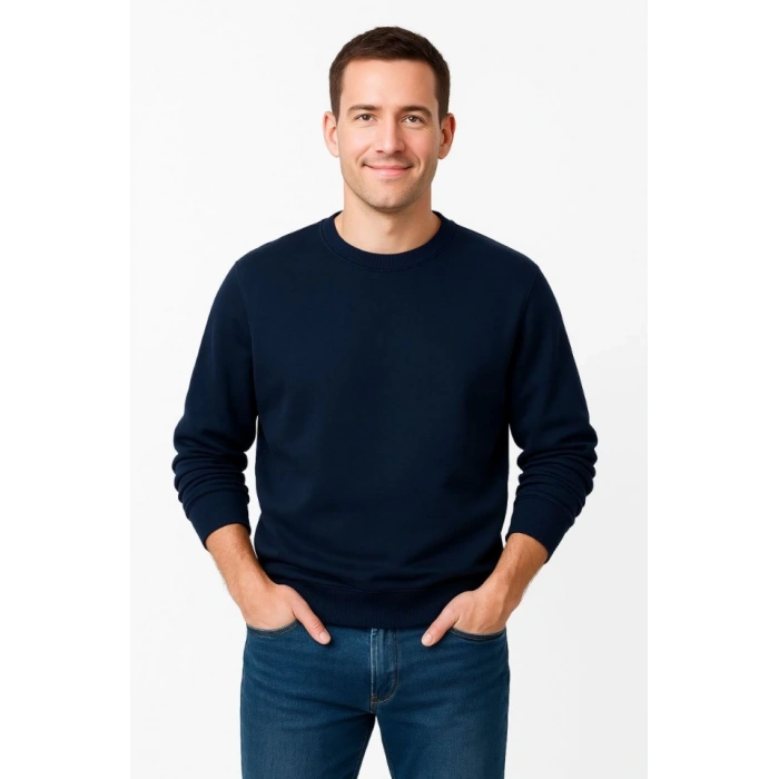 Biçomi Erkek Üç İplik Düz Bisiklet Yaka SweatShirt - Lacivert