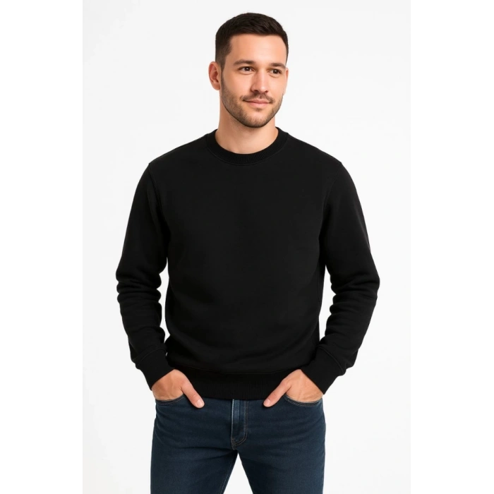 Biçomi Erkek Üç İplik Düz Bisiklet Yaka SweatShirt - Siyah