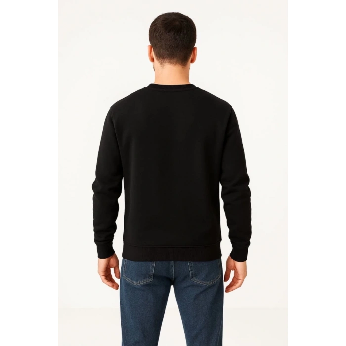 Biçomi Erkek Üç İplik Düz Bisiklet Yaka SweatShirt - Siyah