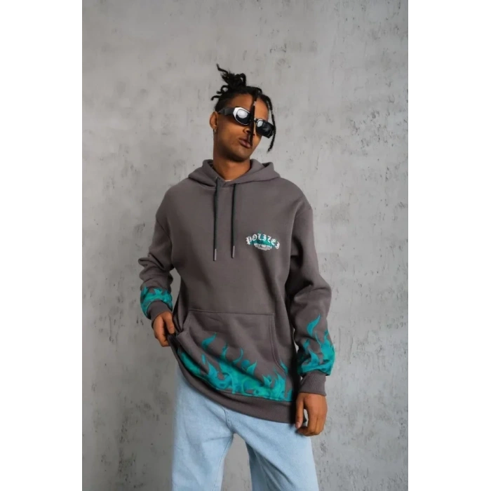Biçomi Erkek Üç İplik İçi Pamuklu Alev Baskılı Kapüşonlu Sweatshirt - Gri