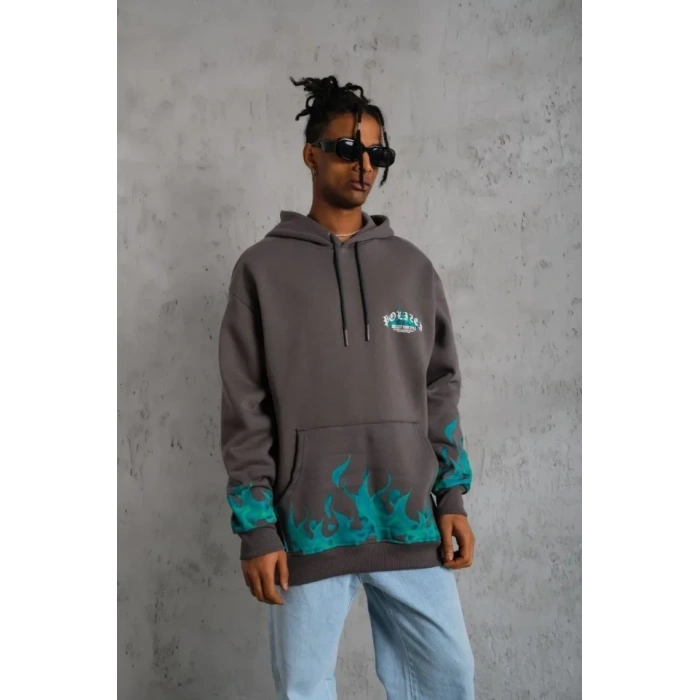 Biçomi Erkek Üç İplik İçi Pamuklu Alev Baskılı Kapüşonlu Sweatshirt - Gri