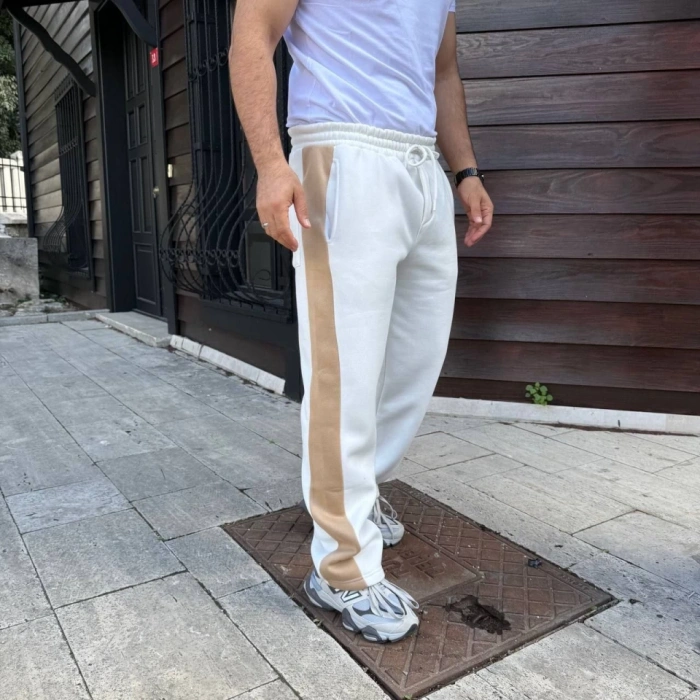 Biçomi Erkek Üç İplik Kışlık Pamuklu Yandan Garneli Kalın Bej Şeritli Cepli Eşofman Altı - Beyaz