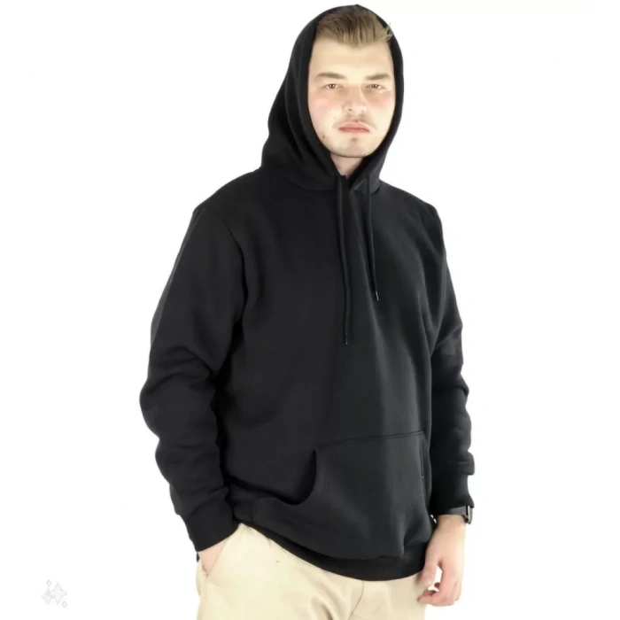 Biçomi Erkek Uzun Kol Kapşonlu Basic Sweatshirt Hoodie - Siyah