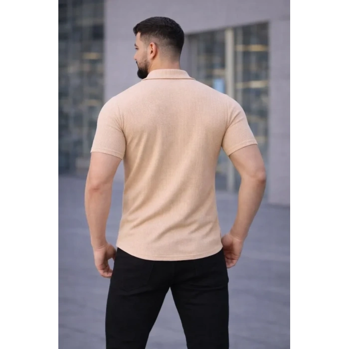 Biçomi Erkek Waffle Kumaş Kısa Kollu Düğmeli Açık Yaka Regular Fit Gömlek - Bej