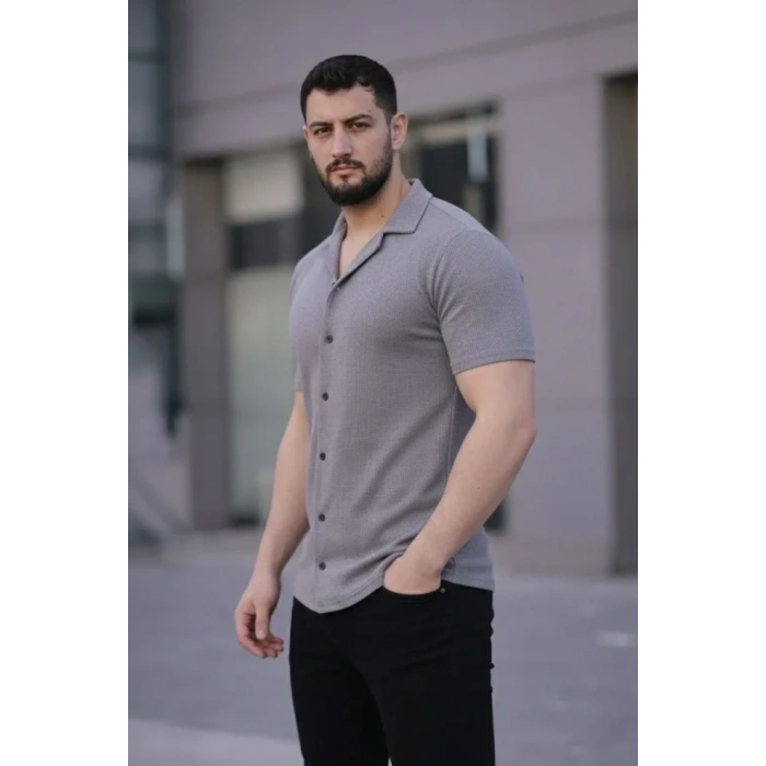 Biçomi Erkek Waffle Kumaş Kısa Kollu Düğmeli Açık Yaka Regular Fit Gömlek - Gri