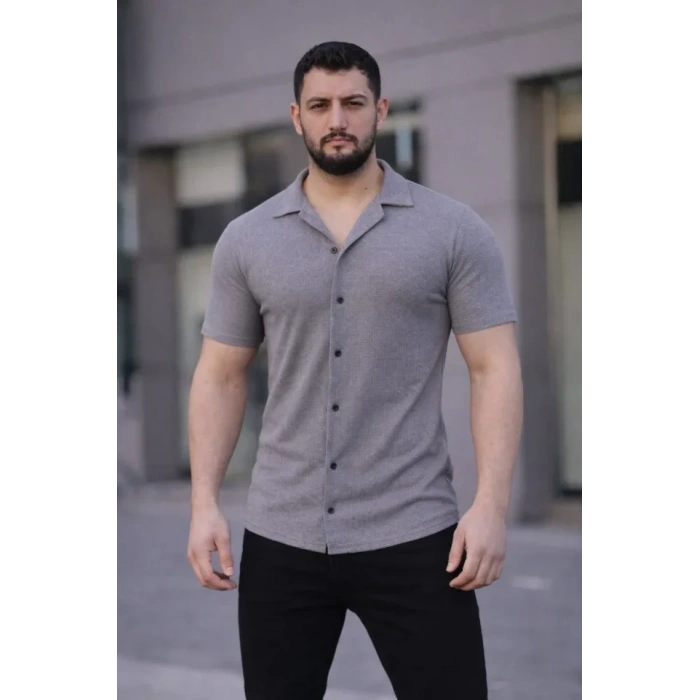 Biçomi Erkek Waffle Kumaş Kısa Kollu Düğmeli Açık Yaka Regular Fit Gömlek - Gri
