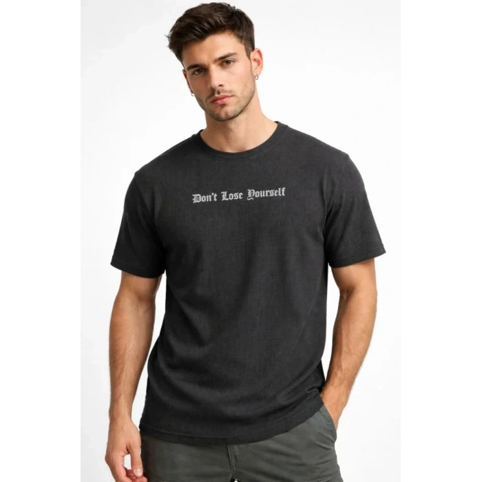 Biçomi Erkek Wafıl Kumaş Tişört Regular Kalıp Bisiklet Yaka Baskılı Günlük Basic T-Shirt - Siyah