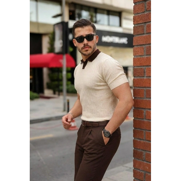 Biçomi Erkek Yaka Detaylı Desen Dokulu Triko Tişört