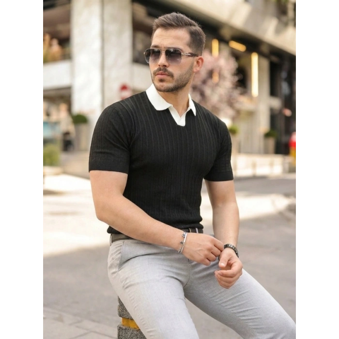 Biçomi Erkek Yaka Detaylı Desen Dokulu Triko Tişört