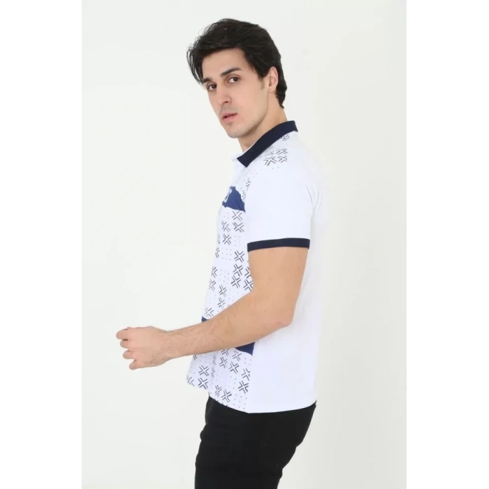 Biçomi Erkek Yakalı Slim Fit Baskılı T-Shirt - Beyaz