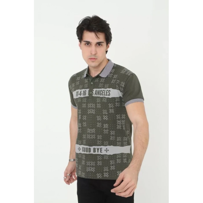 Biçomi Erkek Yakalı Slim Fit Baskılı T-Shirt - Haki