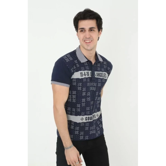 Biçomi Erkek Yakalı Slim Fit Baskılı T-Shirt - Lacivert