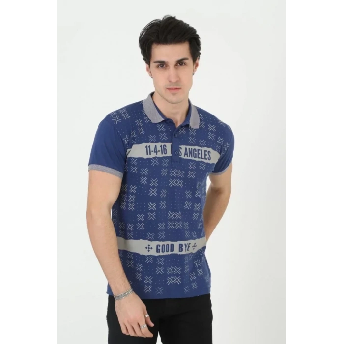 Biçomi Erkek Yakalı Slim Fit Baskılı T-Shirt - Mavi