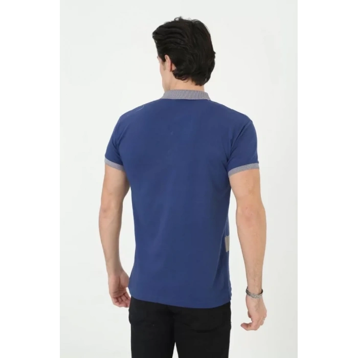 Biçomi Erkek Yakalı Slim Fit Baskılı T-Shirt - Mavi