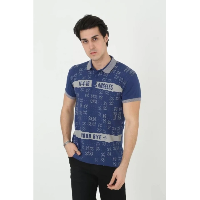 Biçomi Erkek Yakalı Slim Fit Baskılı T-Shirt - Mavi