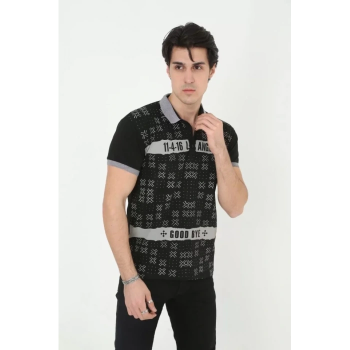 Biçomi Erkek Yakalı Slim Fit Baskılı T-Shirt - Siyah