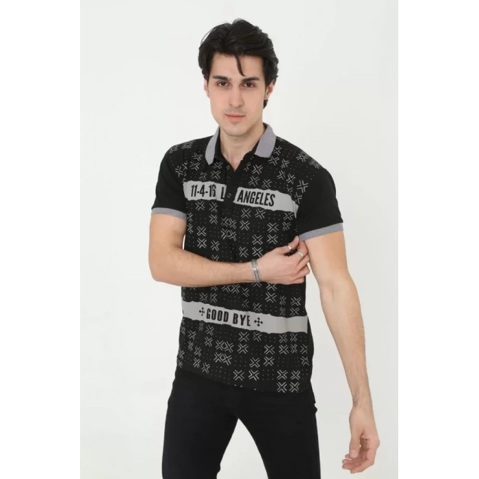 Biçomi Erkek Yakalı Slim Fit Baskılı T-Shirt - Siyah