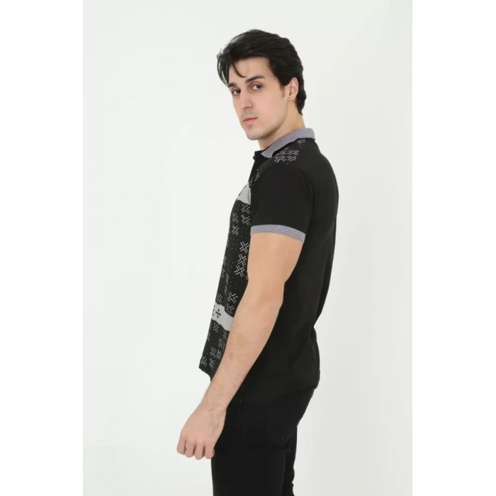 Biçomi Erkek Yakalı Slim Fit Baskılı T-Shirt - Siyah