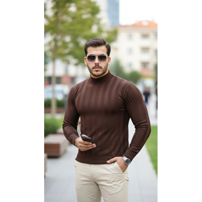 Biçomi Erkek Yarım Balıkçı Yaka Kabartma Desenli Triko