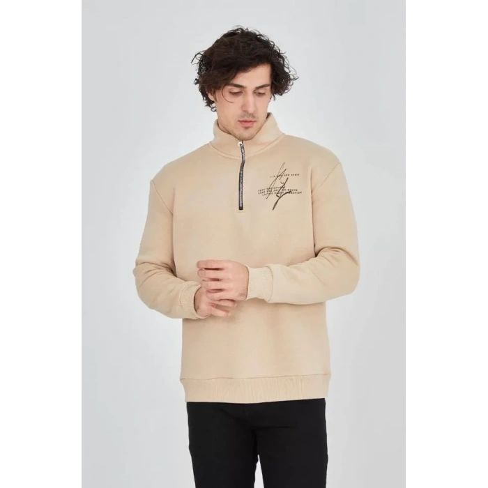 Biçomi Erkek Yarım Fermuarlı Baskılı Sweat - Bej