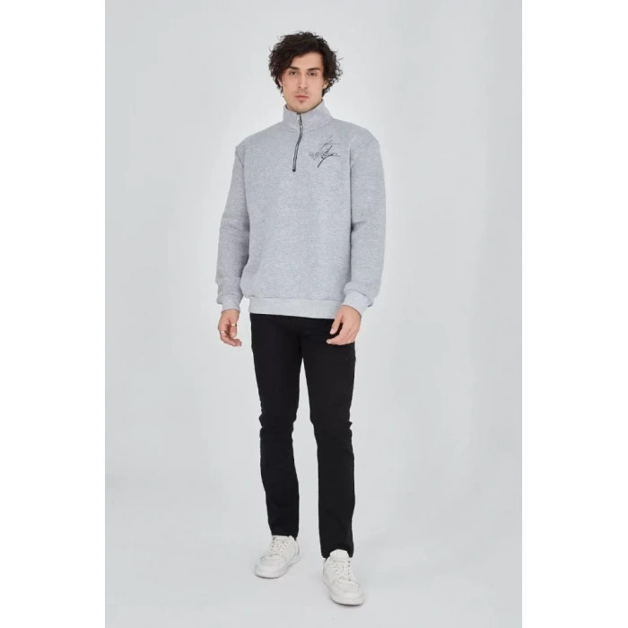 Biçomi Erkek Yarım Fermuarlı Baskılı Sweat - Gri