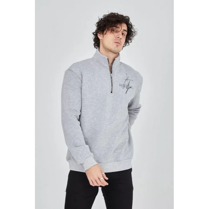Biçomi Erkek Yarım Fermuarlı Baskılı Sweat - Gri