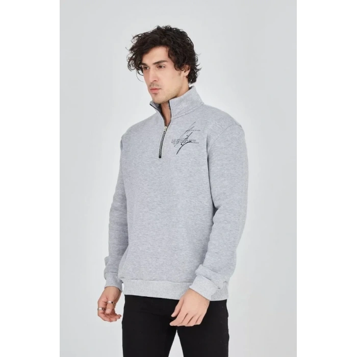 Biçomi Erkek Yarım Fermuarlı Baskılı Sweat - Gri