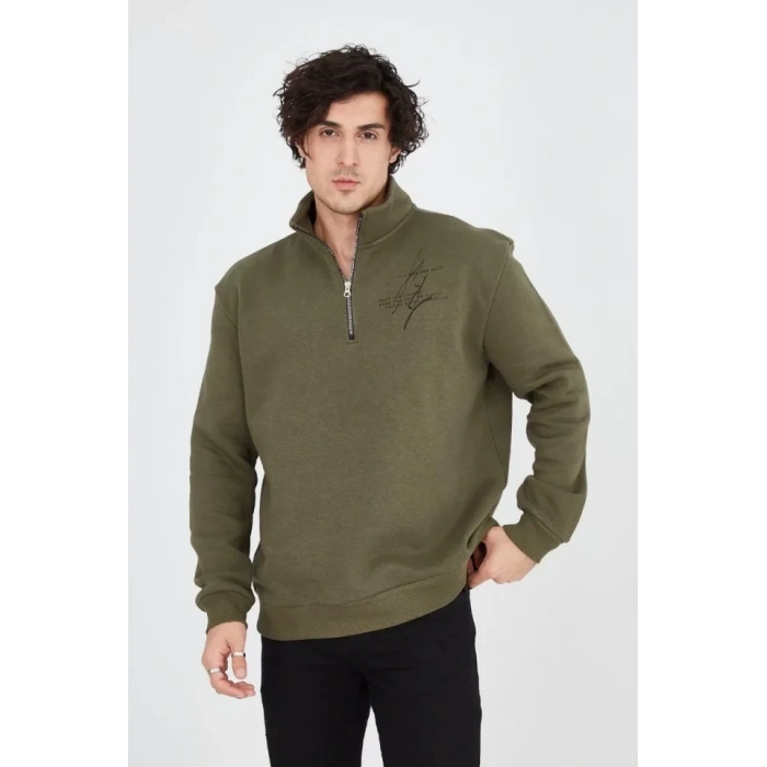 Biçomi Erkek Yarım Fermuarlı Baskılı Sweat - Yeşil