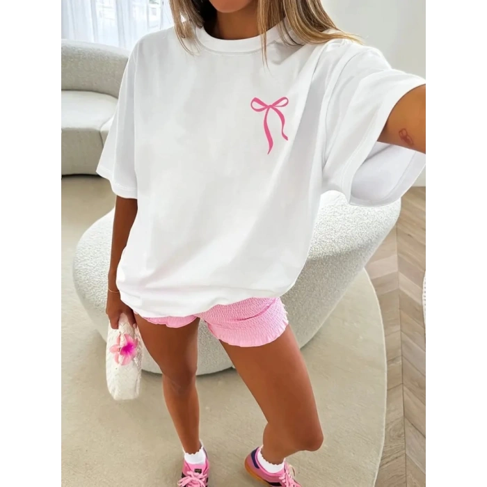 Biçomi Fiyonk Baskılı Oversize Bisiklet Yaka T-shirt - Beyaz