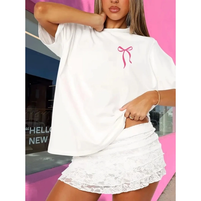 Biçomi Fiyonk Baskılı Oversize Bisiklet Yaka T-shirt - Beyaz