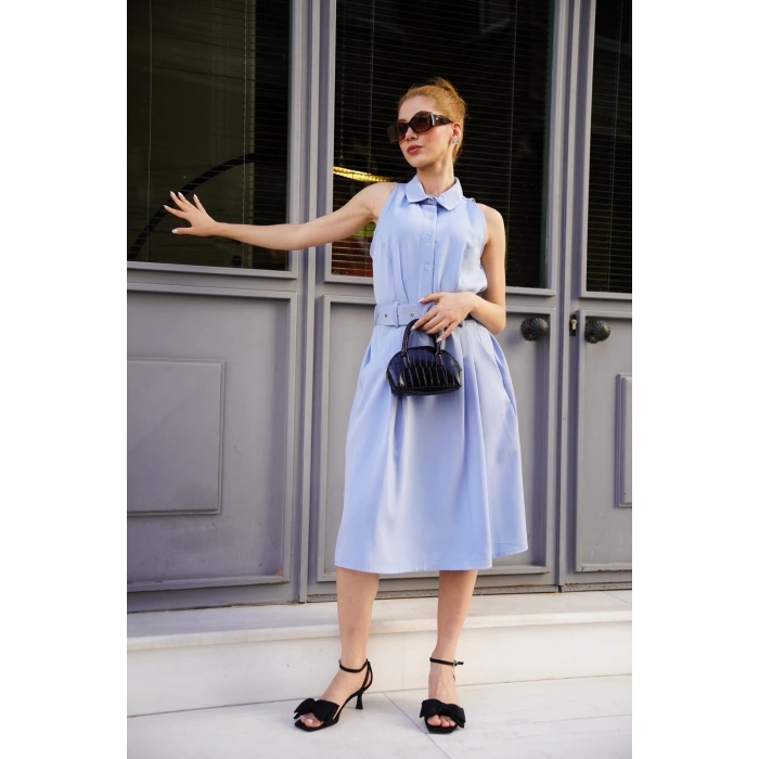 BİÇOMİ Gömlek yaka kemerli elbise mavi s255061